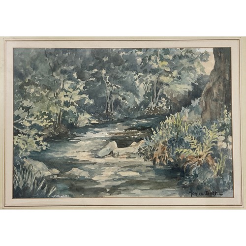 34 - E HODSON, COCKLEY BECK BRIDGE, WATERCOLOUR, 32CM X 50CM, SIGNED; C AVORY, BLUEBELLS IN DEVONSHIRE, W... 