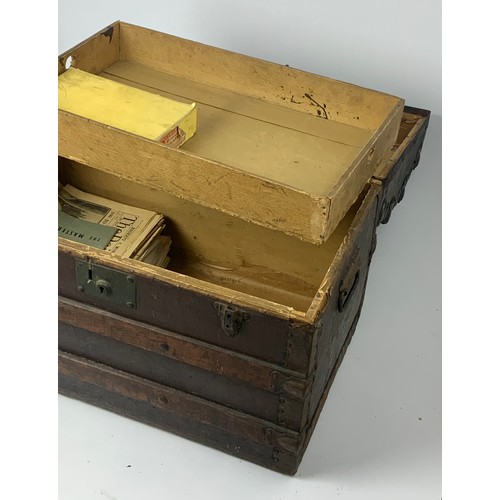 249 - DOME TOP WOODEN BOUND TRUNK/ TREASURE CHEST AND CONTENTS, APPROX. 62 cm w.