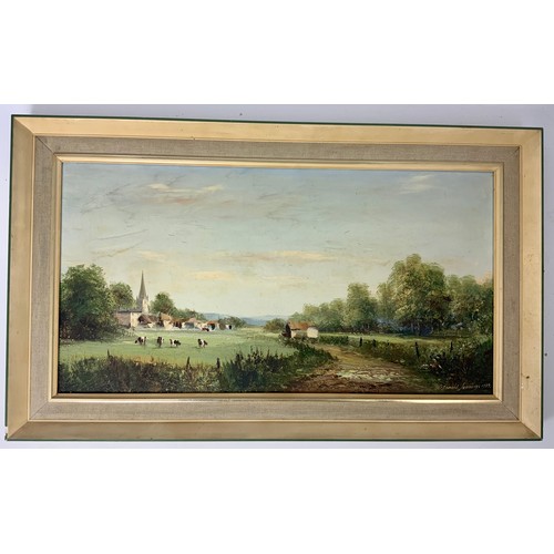 10 - DONALD JENNINGS, OIL ON CANVAS DEPICTING A PASTORAL SCENE, DATED 1979, APPROX. 75 X 40 cm