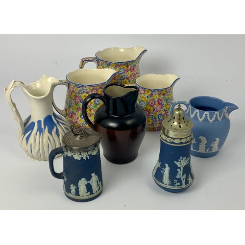 130 - SET OF 3 GRADUATED CHINTZ JUGS TOGETHER WITH JASPER WARE ETC.