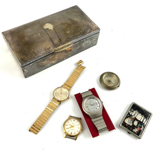 383 - THREE GENTLEMANS WRISTWATCHES, FALCON AND TIMES, A CHROME MATCH HOLDER, A COMPASS AND SILVER PLATED ... 