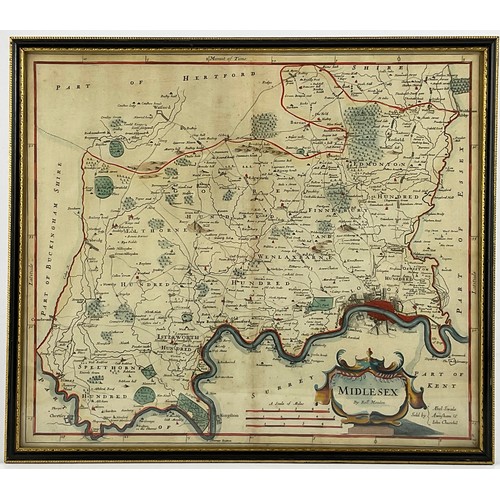 54 - A HANDCOLOURED MAP OF MIDDLESEX BY ROBERT MORDEN, 37CM x 42CM, FRAMED