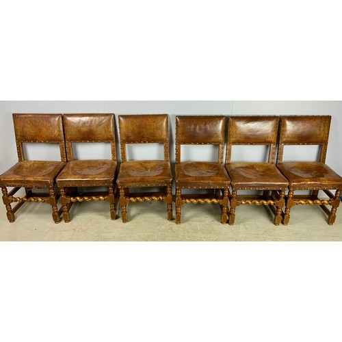 665 - SET OF 6 OAK FRAMED, STUDDED LEATHER SEAT AND BACK DINING CHAIRS