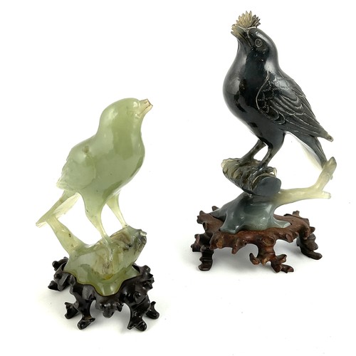 282 - 2 ORIENTAL JADEITE BIRD STUDIES AND A BULL, ALL ON HARDWOOD PLINTHS