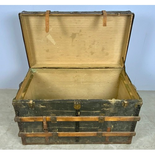 420 - LARGE WOODEN BOUND TRUNK WITH INTERESTING LABELS, APPROX. 98 w x 54 d x 63 h cm