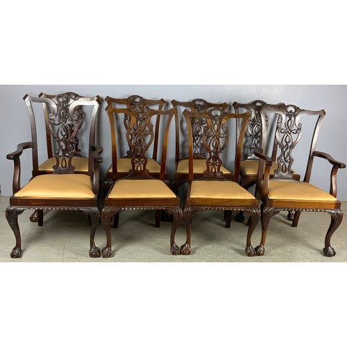 664 - A SET OF 8 (6 PLUS 2 CARVERS) CHIPPENDALE STYLE DINING CHAIRS WITH DROP IN SEATS, CABRIOLE FRONT LEG... 