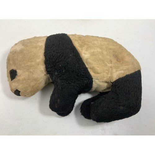 55 - VINTAGE TEDDY BEAR, CLOTH PAWS, HAS BELL IN EAR, ONE LEG IN NEED OF VETS ATTENTION, BLACK NOSE, PLUS... 