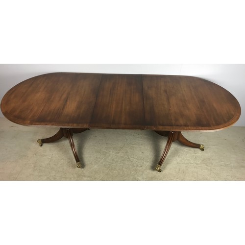 646 - REGENCY STYLE TWIN PEDESTAL MAHOGANY DINING TABLE WITH LEAF 230cm LONG