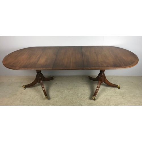 646 - REGENCY STYLE TWIN PEDESTAL MAHOGANY DINING TABLE WITH LEAF 230cm LONG