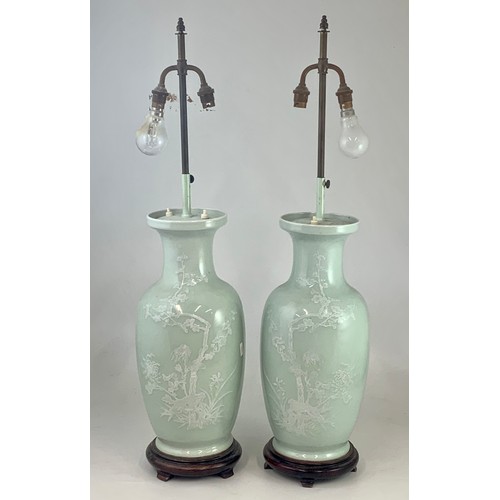 160 - PAIR OF LARGE ORIENTAL CELADON GLAZED LAMPS, lamp base approx. 51 cm inc. stand, adjustable height l... 