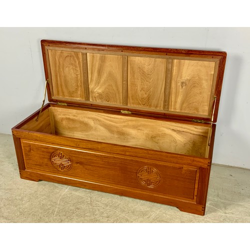 549 - ORIENTAL HARDWOOD BOX SETTLE WITH HINGED LID, APPROX. 120 cm