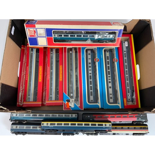 412 - BOX OF ASSORTED MK 2 & 3 COACHES, HORNBY, JOUEF, AIRFIX, SCOT RAIL, BLUE GREY ETC