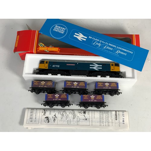 350 - HORNBY CLASS 47 LADY DIANA SPENCER, R316, LIMITED EDITION, PLUS 5 PECO DIANA & CHARLES WAGONS