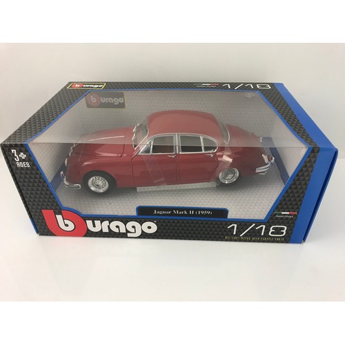 75 - 2 BOXED BURAGO 1:18 DIE CAST MODELS, WITH BANDING STRAPS, JAGUAR MARK II & DIAMOND COLLECTION MODEL ... 