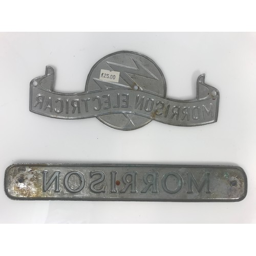 5 - TWO VINTAGE CAR BADGES, MORRISON ELECTRICAR, APPROX.21 CM, & A RECTANGULAR MORRISON BADGE, APPROX. 2... 