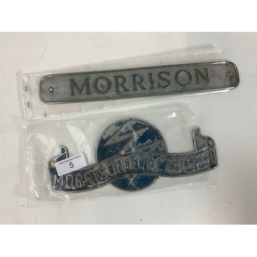 5 - TWO VINTAGE CAR BADGES, MORRISON ELECTRICAR, APPROX.21 CM, & A RECTANGULAR MORRISON BADGE, APPROX. 2... 