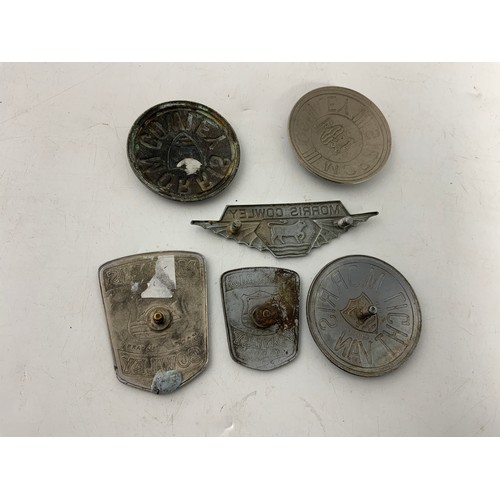 8 - 6 ASSORTED MORRIS CAR BADGES, EARLY CIRCULAR, 6CM MORRIS LIGHT VAN, 2 X APPROX 6 CM MORRIS COWLEY, M... 