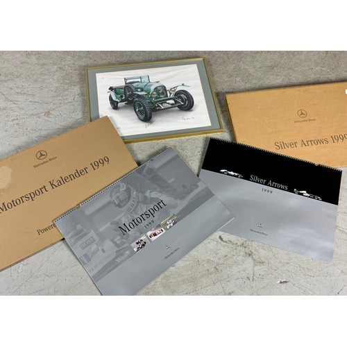 21 - 2 TRADE ISSUE MERCEDES BENZ CALENDARS, SILVER ARROWS AND MOTORSPORT, TOGETHER WITH A FRAMED LIMITED ... 