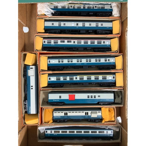 265 - TRIANG HORNBY BR COACHES, X9, INC MK1 CK, SLSF, RMB, BG & TPO, & MK3 SO, ALL IN NONE ORIGINAL BOXES