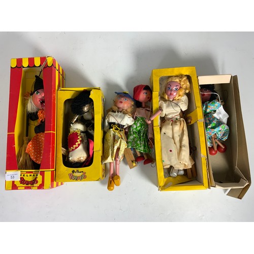 53 - PELHAM PUPPETS, NEWER WITCH BOXED, OLDER HORSE PART BOXED, 4 OTHER PUPPETS, ALL U/B PLUS A MITZI BOX