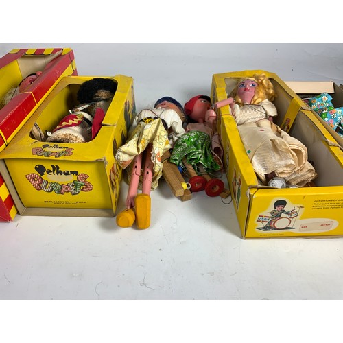 53 - PELHAM PUPPETS, NEWER WITCH BOXED, OLDER HORSE PART BOXED, 4 OTHER PUPPETS, ALL U/B PLUS A MITZI BOX