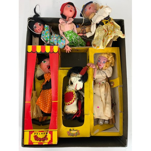 53 - PELHAM PUPPETS, NEWER WITCH BOXED, OLDER HORSE PART BOXED, 4 OTHER PUPPETS, ALL U/B PLUS A MITZI BOX