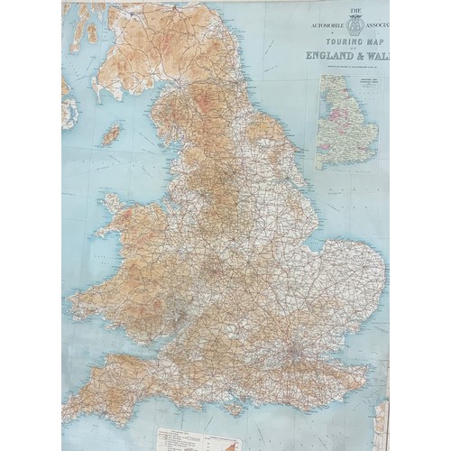 30 - JOHN BARTHOLEMEW AND SONS, TOURING MAP OF ENGLAND AND WALES, CANVAS BACKED ON A MAHOGANY AND BRASS M... 