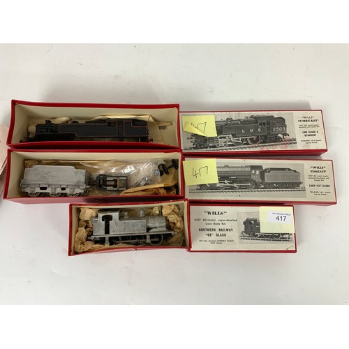 417 - 3 WILLS FINECAST KITS, LNER K3 (TENDER MADE NO ‘LOCO’), LMS CLASS 4 STANIER TANK, (BODY ONLY), & SR ... 