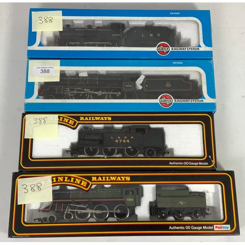 388 - 4 BOXED LOCOMOTIVES, AIRFIX ROYAL SCOT & 4F, PLUS MAINLINE BR STANDARD & LNER N2, ALL BOXED