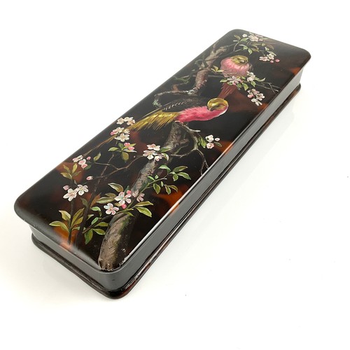 271 - A PAPIER MACHE LACQUERED GLOVE BOX, DECORATED WITH EXOTIC BIRDS ON FLOWERING BRANCH, 31CM MAXIMUM LE... 