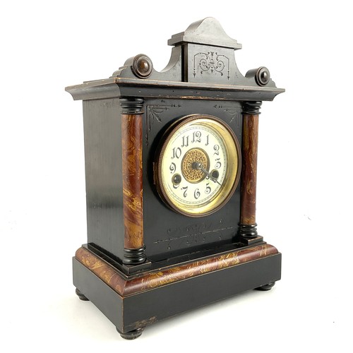 241 - A LATE 19TH CENTURY WOODEN CASED MANTEL CLOCK, SHAPED PEDIMENT AND FAUX MARBLED COLUMNS FLANKING A W... 