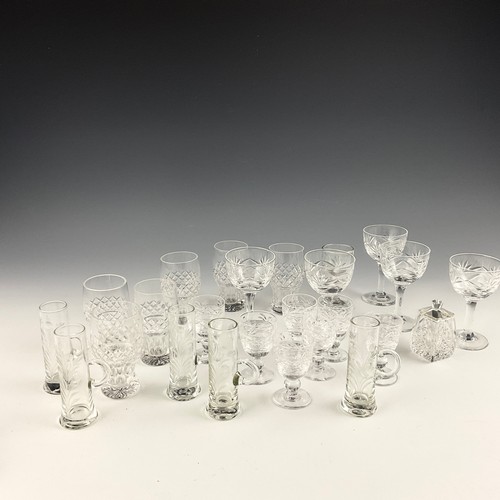 224 - A COLLECTION OF CUT GLASS INCLUDING DECANTERS, BOWL, SWING HANDLES BASKET, DRINKING GLASSES ETC