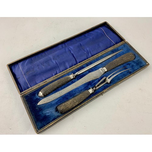 349 - ANTLER HANDLED CASED CARVING SET WITH SILVER COLLARS