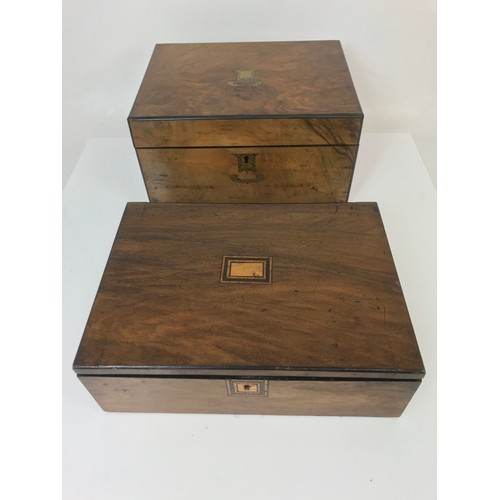 268 - WALNUT WRITING SLOPE WITH FITTED INTERIOR AND AN INLAID MAHOGANY BOX