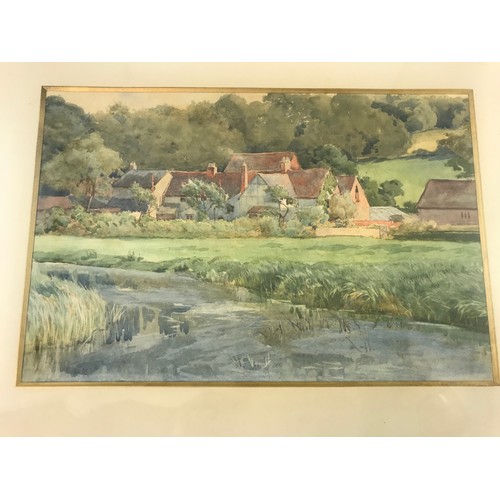 13 - WATERCOLOUR DEPICTING FARMSTEAD SCENE, NO APPARENT SIGNATURE, PEARS TYPE PRINT AND A LESLIE KENT PRI... 