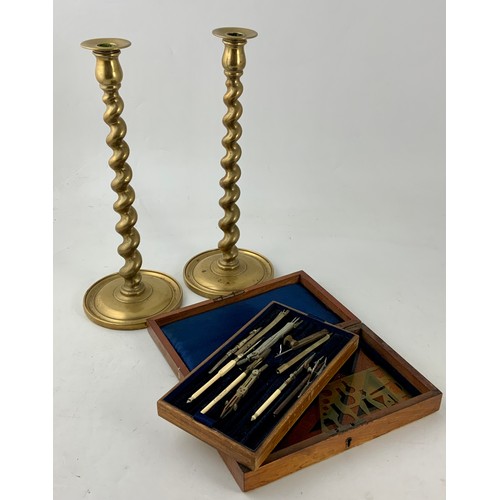 341 - PR. BRASS BARLEY TWIST CANDLESTICKS AND A CASED DRAWING SET