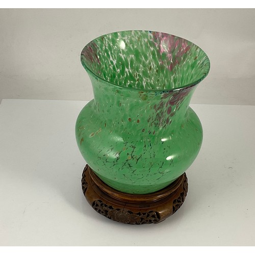 230 - LARGE CZECHOSLOVAKIAN STUDIO GLASS VASE ON PIERCED ORIENTAL HARDWOOD STAND / approx 28cm with base