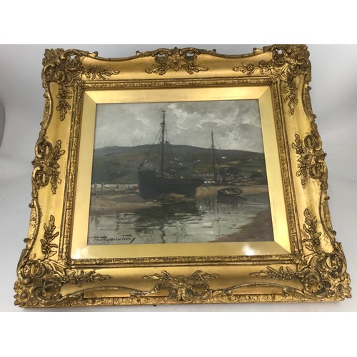 36 - OIL DEPICTING AN ESTUARY SCENE –INDISTINCTLY SIGNED