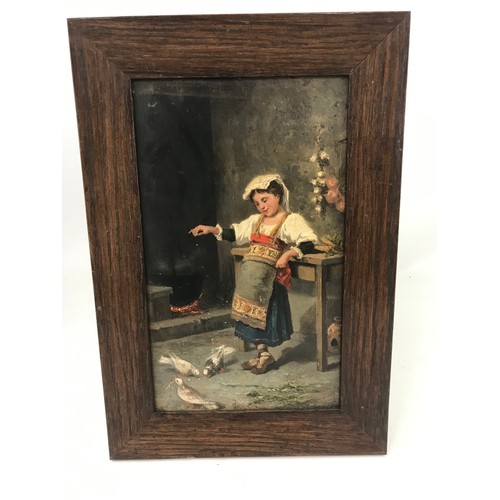 29 - PICTURE ON PANEL DEPICTING PEASANT GIRL AND PIGEONS