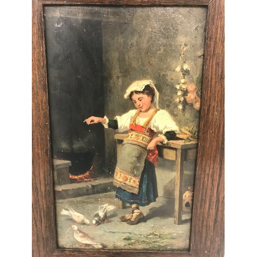 29 - PICTURE ON PANEL DEPICTING PEASANT GIRL AND PIGEONS