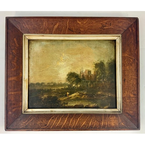 40 - OIL ON PANEL DEPICTING FISHERMEN AND A RUINED BUILDING IN AN OAK FRAME, APPROX. 34 X 28 cm