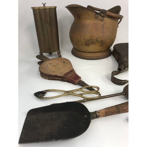 265 - COAL SCUTTLE,  2 PAIRS OF BELLOWS WITH MISCELLANEOUS FIRE IRON, TONGS ETC