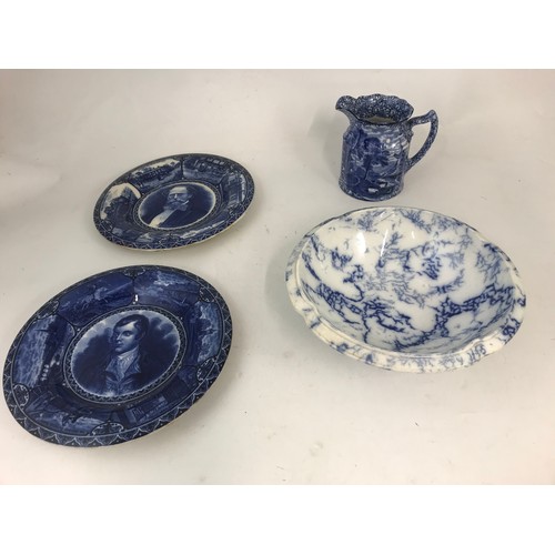 181 - BLUE  & WHITE COPELAND AND GARRETT BOWL, ORIENTAL TEAPOT , PLATES  BOWL ETC 1 TRAY