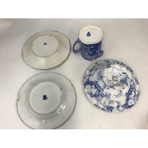 181 - BLUE  & WHITE COPELAND AND GARRETT BOWL, ORIENTAL TEAPOT , PLATES  BOWL ETC 1 TRAY