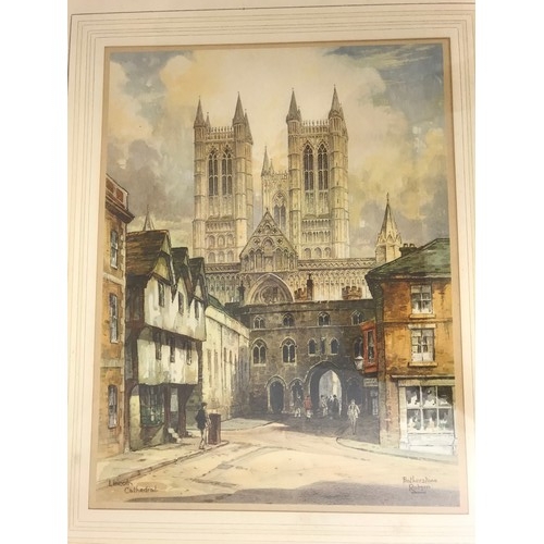 19 - PAIR OF FRAMED WATERCOLOURS, FEATHERSTONE ROBSON (1880 – 1936) DEPICTING DURHAM AND LINCOLN CATHEDRA... 