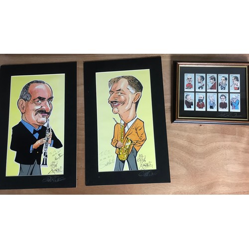 53 - COLLECTION OF FRAMED CIGARETTE CARDS, JAZZ RELATED TOGETHER WITH SIGNED CARICATURES