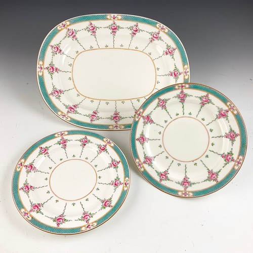 199 - A MINTON PERSIAN ROSE PATTERN MEAT PLATE, 43CM WIDE, TOGETHER WITH TWO DINNER PLATES, 26CM DIAMETER.... 