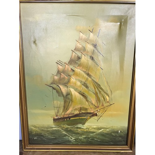 39 - FRAMED OIL ON CANVAS DEPICTING A BEACHED FISHING BOAT AND ONE OTHER DEPICTING A GALLEON