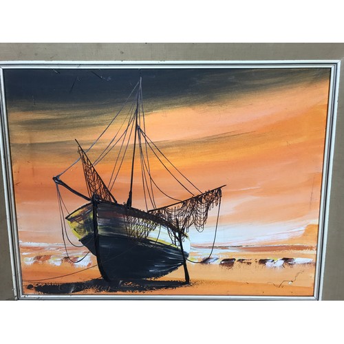 39 - FRAMED OIL ON CANVAS DEPICTING A BEACHED FISHING BOAT AND ONE OTHER DEPICTING A GALLEON