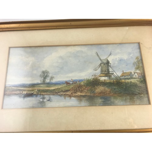 11 - NORMAN BRADLEY WATERCOLOUR DEPICTING RURAL SCENE WITH WINDMILL, APPROX. 38 X 17 cm